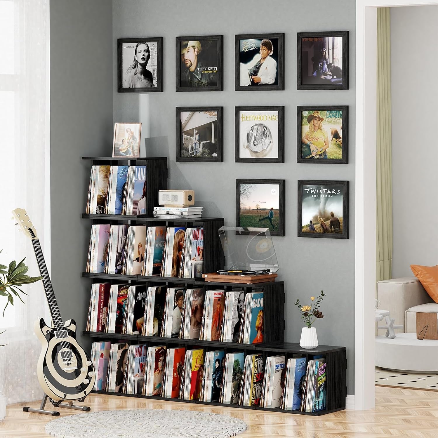 Vinyl Record Storage, Record Player Stand Wall Mount up to 80-100 Albums, 3-Compartment Vinyl Record Holder, Black