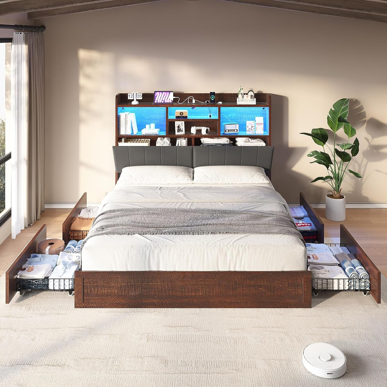 King Farmhouse Bed Frame with Bookcase Headboard and 4 Drawers, LED Storage Bed with Charging Station & Linen Upholstered, No Box Spring Needed, Reclaimed Barnwood