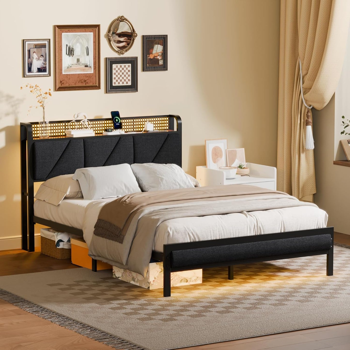 Full Bed Frame with LED Lights,Headboard with Charging Station and USB Port,Upholstered Platform Bedframe Metal Support,No Box Spring Needed