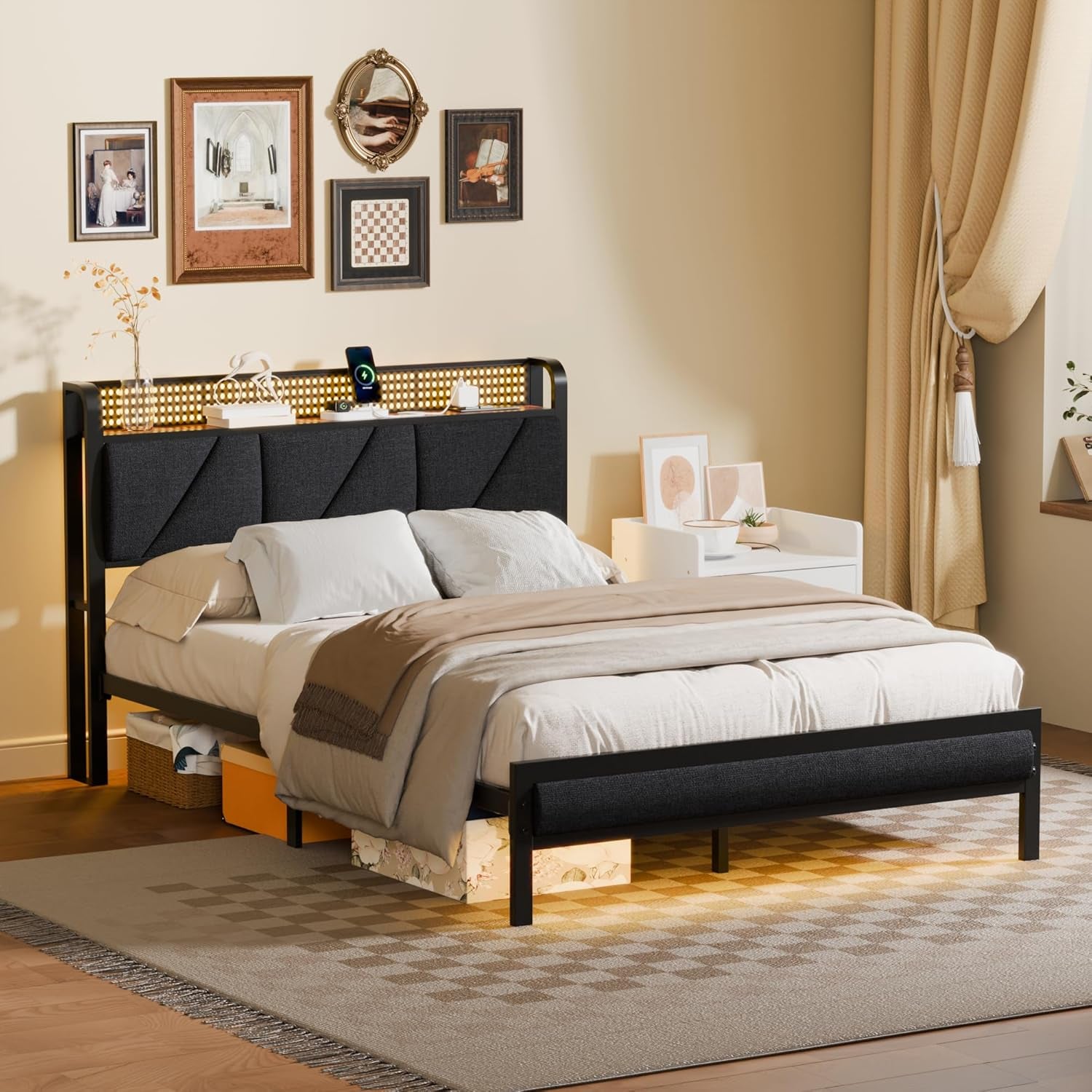 Full Bed Frame with LED Lights,Headboard with Charging Station and USB Port,Upholstered Platform Bedframe Metal Support,No Box Spring Needed