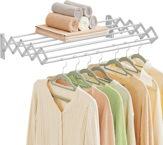 Clothes Drying Rack, Wall-Mounted Drying Rack Clothing, Accordion Laundry Rack, 9 Staggered Hanging Rods, Expandable and Retractable, Steel, Cloud White ULLR806W01