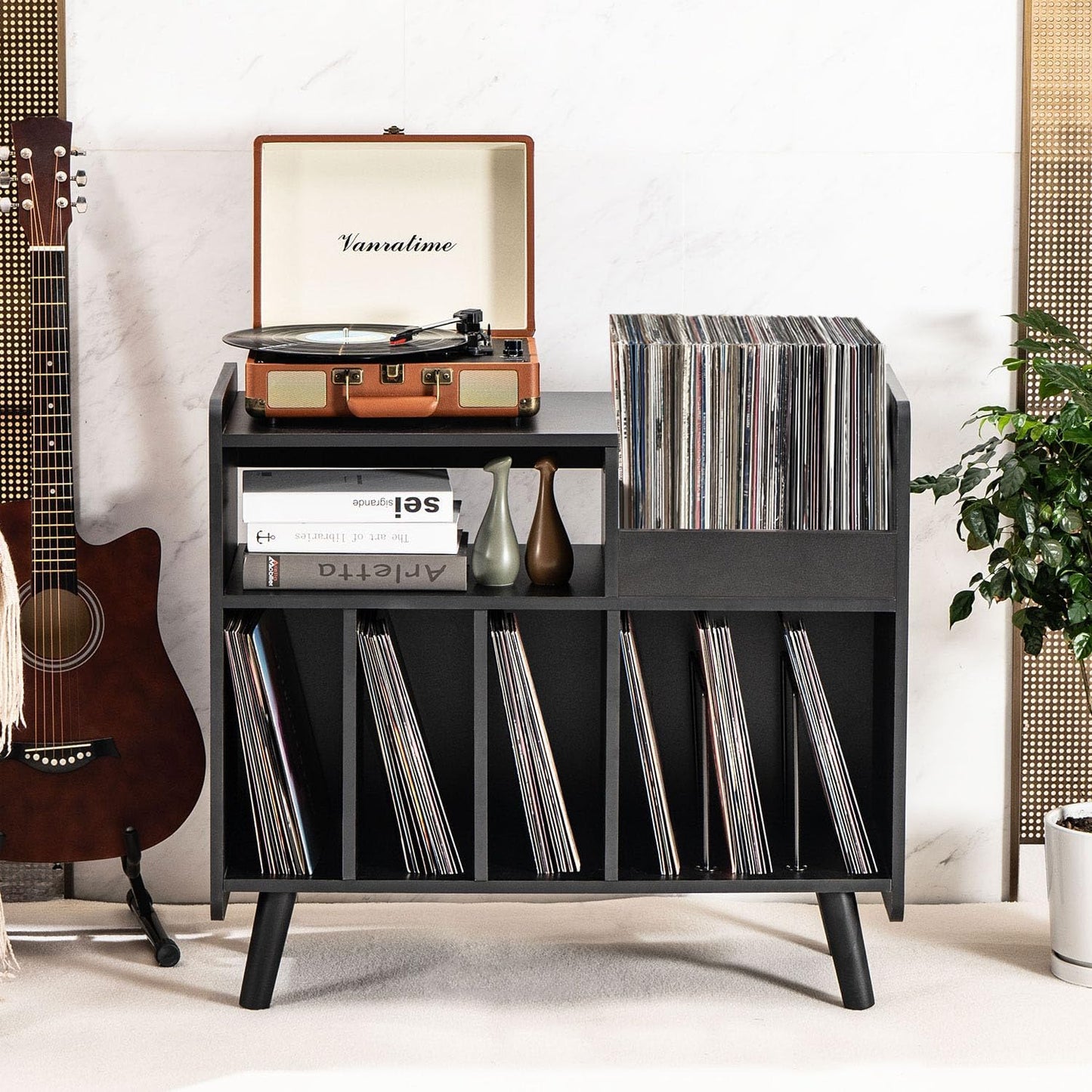 Record Player Stand, Large Record Player Table Cabinet with Open Vinyl Storage and Display Shelf Holds up to 350 Albums, Mid Century Wood Turntable for Living Room