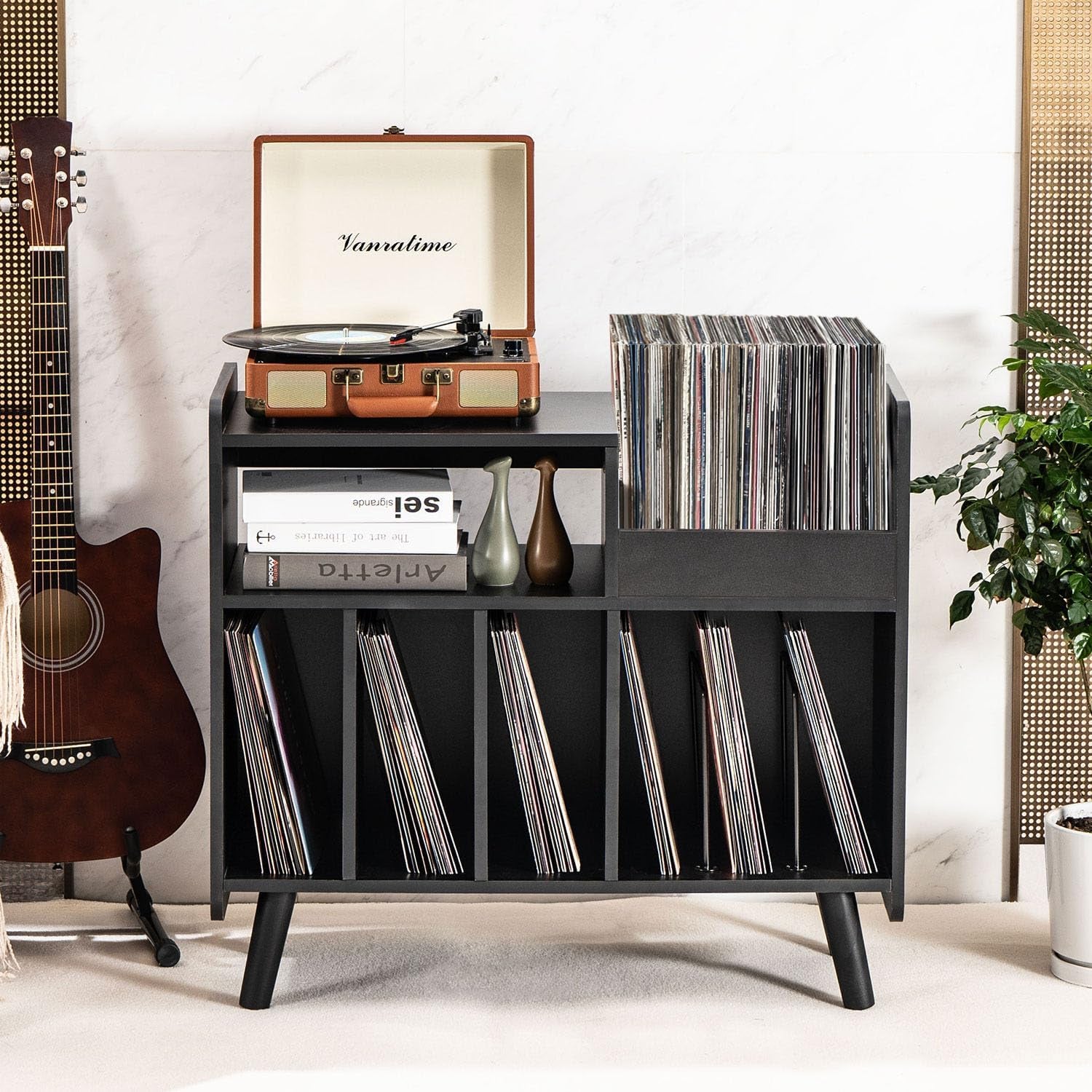 Record Player Stand, Large Record Player Table Cabinet with Open Vinyl Storage and Display Shelf Holds up to 350 Albums, Mid Century Wood Turntable for Living Room
