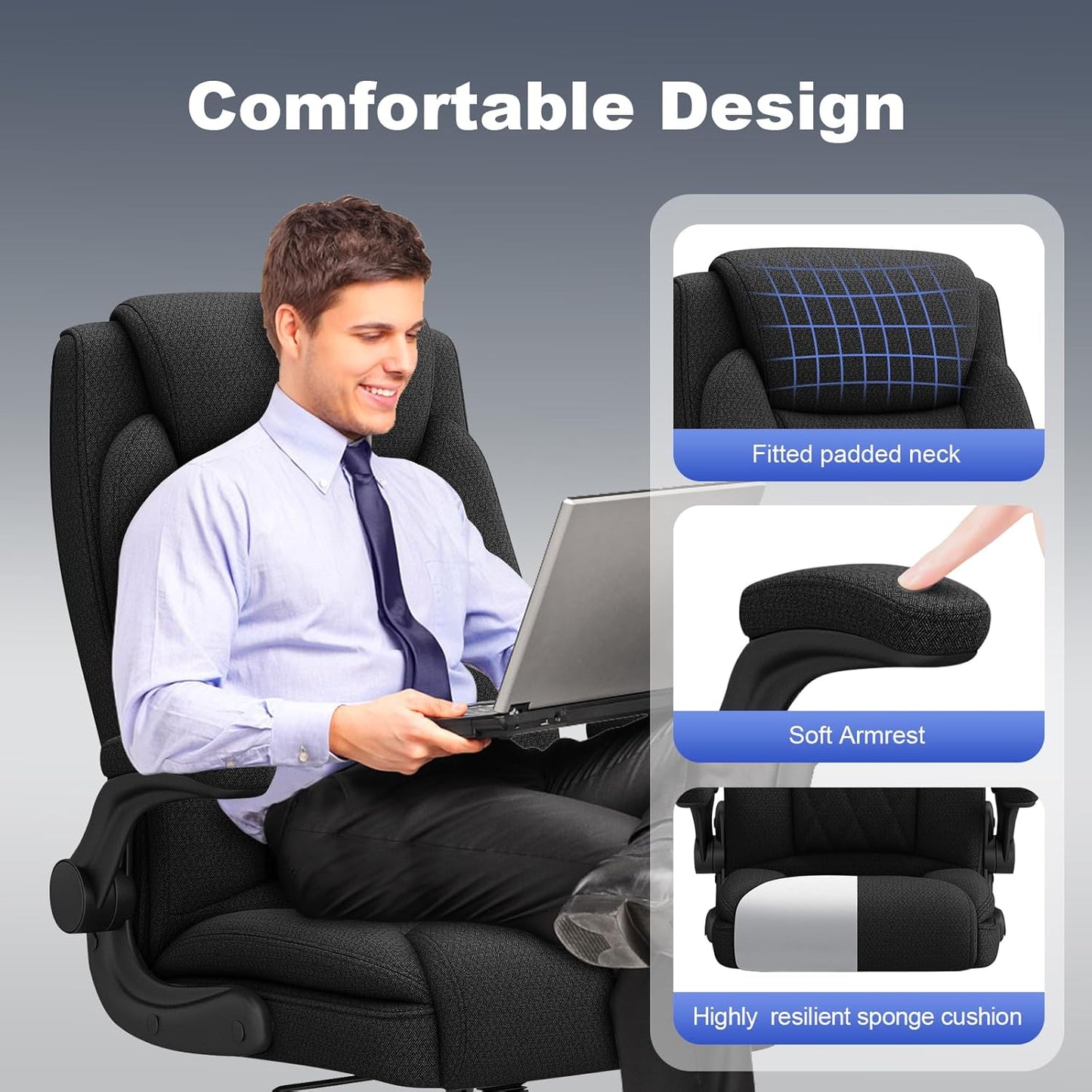 Office Chair, Heavy Duty High Back Breathable Fabric Big and Tall Executive Computer Desk Chair with 120° Tilt Rock, Flip up Arm, Hold up to 500Lbs for Big Man (Black)