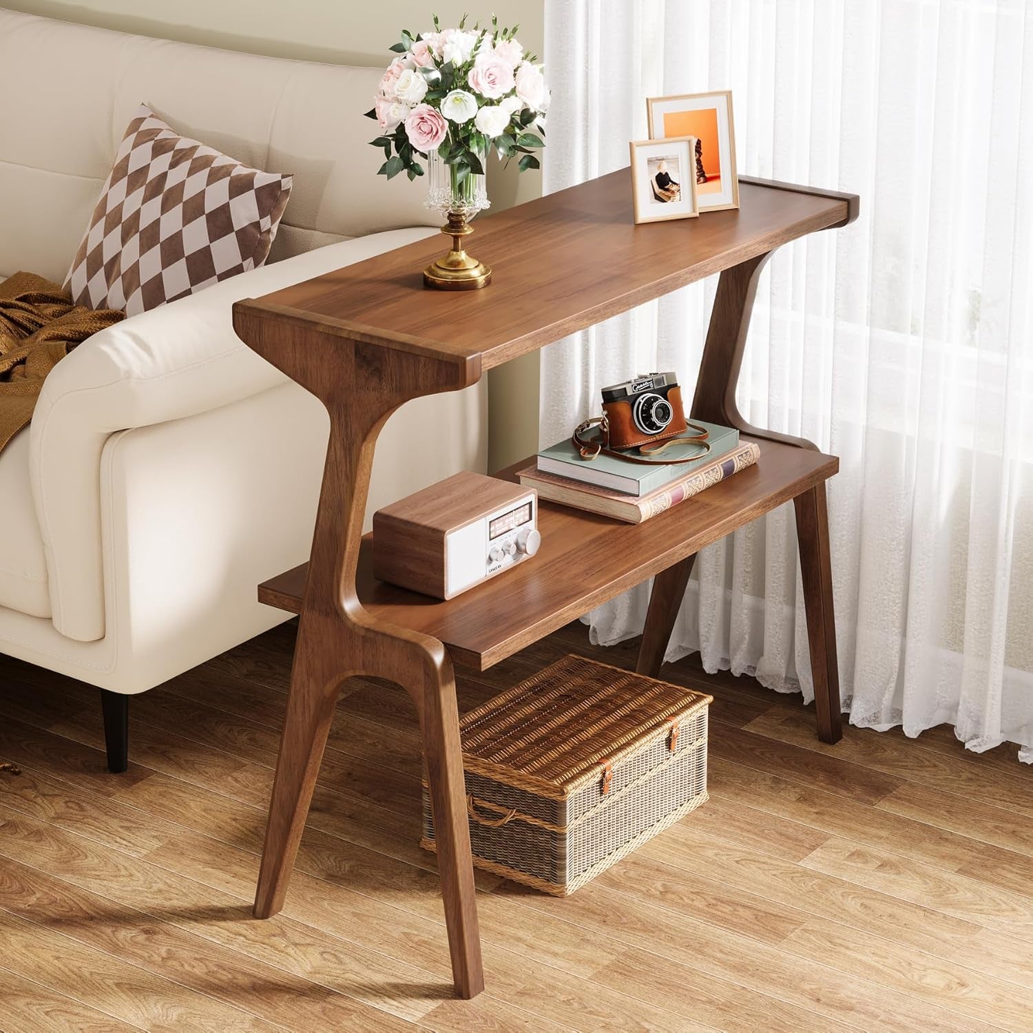 Solid Wood Side Table, 2-Tier Farmhouse Couch Side Table, Rustic Slim Tall Sofa End Table with Storage Shelf for Living Room, Skinny Bedside Table, Nightstand for Bedroom, Rustic Brown