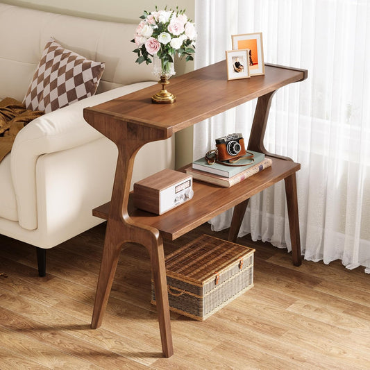 Solid Wood Side Table, 2-Tier Farmhouse Couch Side Table, Rustic Slim Tall Sofa End Table with Storage Shelf for Living Room, Skinny Bedside Table, Nightstand for Bedroom, Rustic Brown