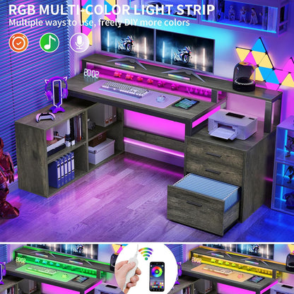 L Shaped Desk with Drawers, 65" Computer Desk with Power Outlets & LED Lights, Corner Home Office Desk with Storage Shelves & Printer Stand, Grey