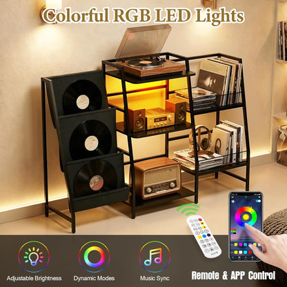 Record Player Stand with LED Lights, Record Player Table with Large Capacity Storage Holds up to 300 Albums, Vinyl Records Stands for Living Room, Turntable Stand Shelf for Albums, Black