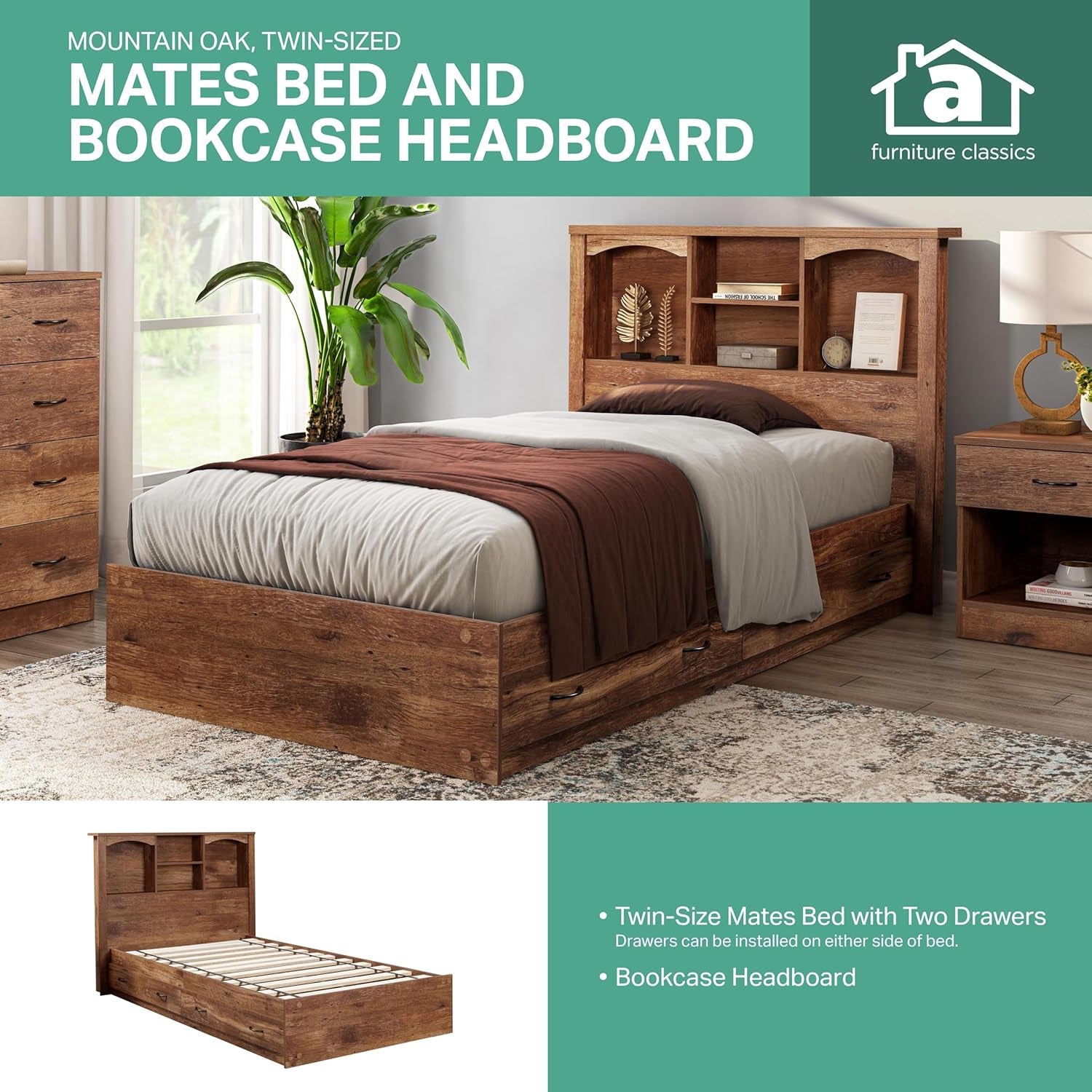Model 6008K Twin Sized Bookcase Headboard and Twin Sized Platform Bed Combo in Mountain Oak