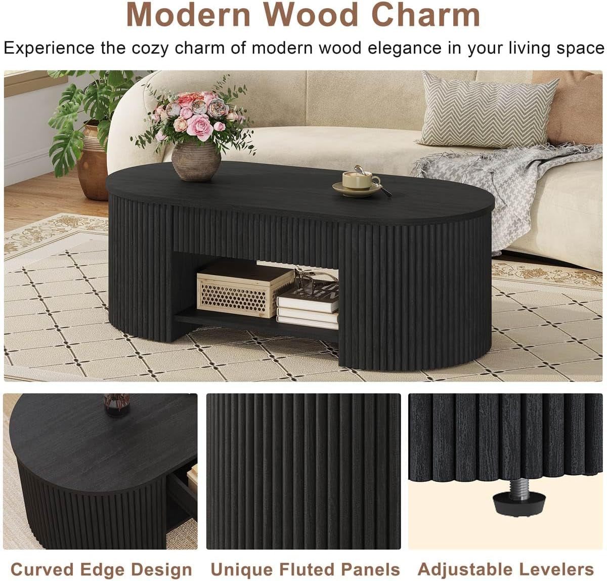 Coffee Table for Living Room Storage, Modern Wood Fluted Center Table with Drawer, Mid-Century Oval Living Room Tables with Shelf (Black, 43.31 Inch)