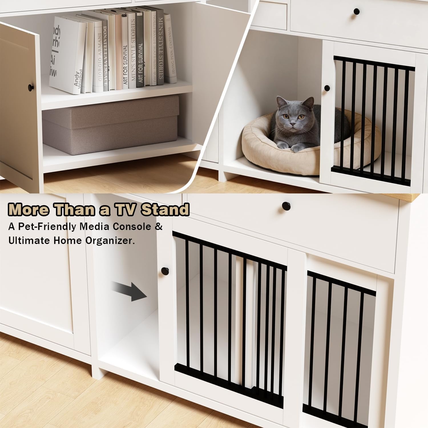 78" Double Door Dog Crate Furniture TV Stand, Heavy Duty Wooden Dog Kennel with 3 Drawers & 2 Cabinets, Extra Large Indoor Dog Cage for Medium/Large Dogs, White