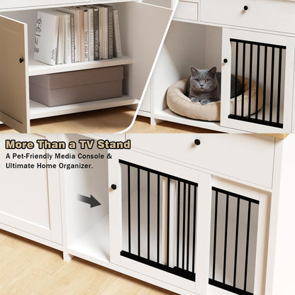 78" Double Door Dog Crate Furniture TV Stand, Heavy Duty Wooden Dog Kennel with 3 Drawers & 2 Cabinets, Extra Large Indoor Dog Cage for Medium/Large Dogs, White