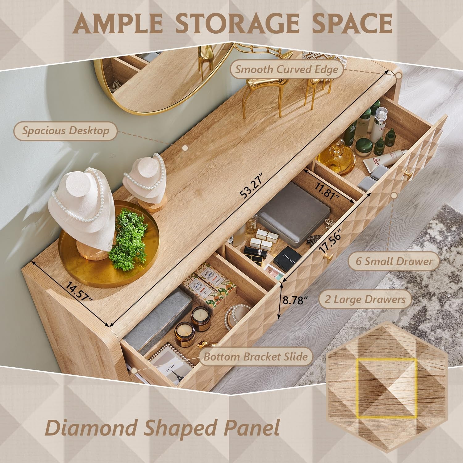 Modern 8 Drawer Dresser for Bedroom, Wooden Large Dressers &Chests of Drawers W/2 Different Drawer Sizes, Mid Century Modern Dresser W/Diamond Panel Decorate for Bedroom, Curved Profile Design,Natural