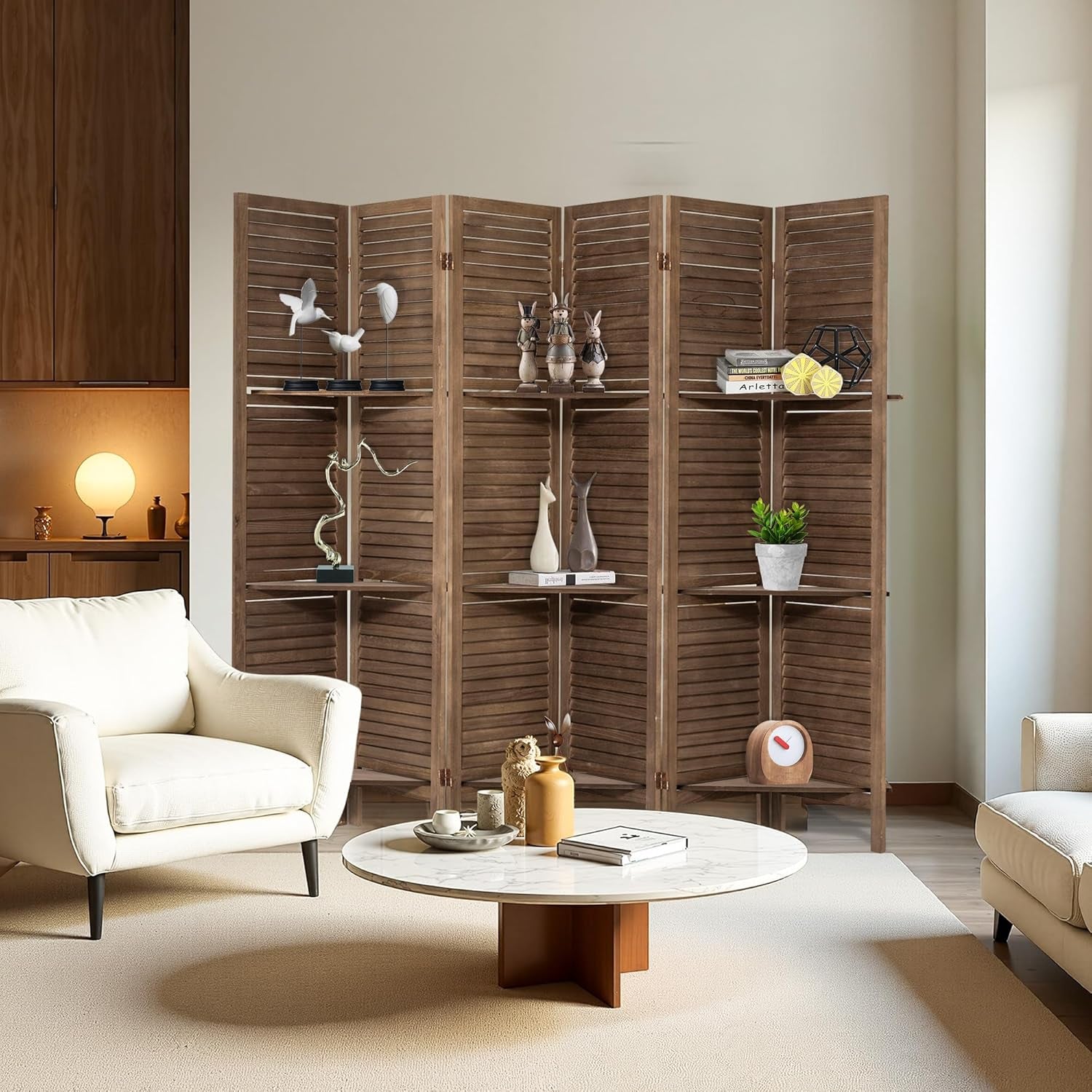 6 Panel Room Divider with Shelves, 5.6FT Folding Room Divider Screen, Free Assembled Freestanding Partition for Home Office Bedroom, Dark Brown