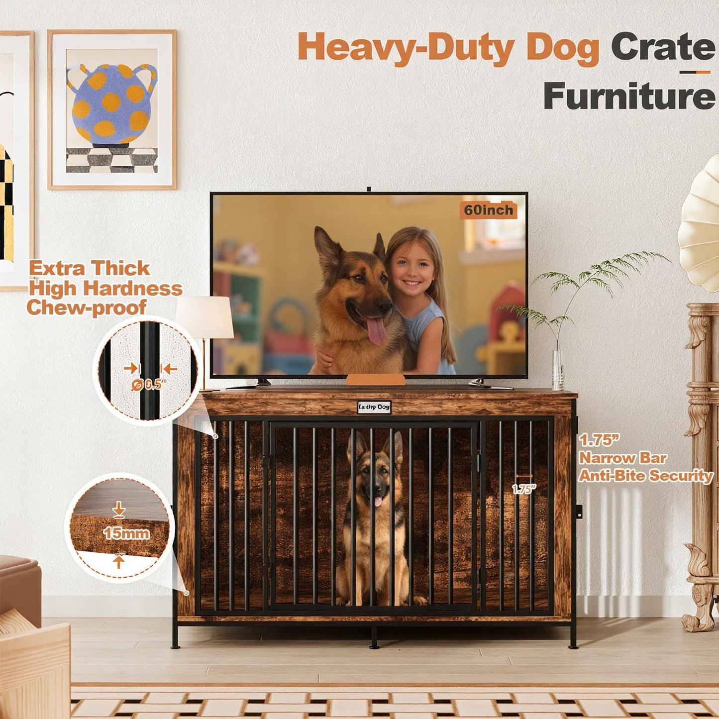 XL Dog Crate Furniture 48'', Heavy Duty Wooden Dog Kennel Indoor, XXL Large Cage End Table, 48'' X 24'' X 30'', Extra Large Pet House TV Stand with Name Tag & Divider for Big Breeds