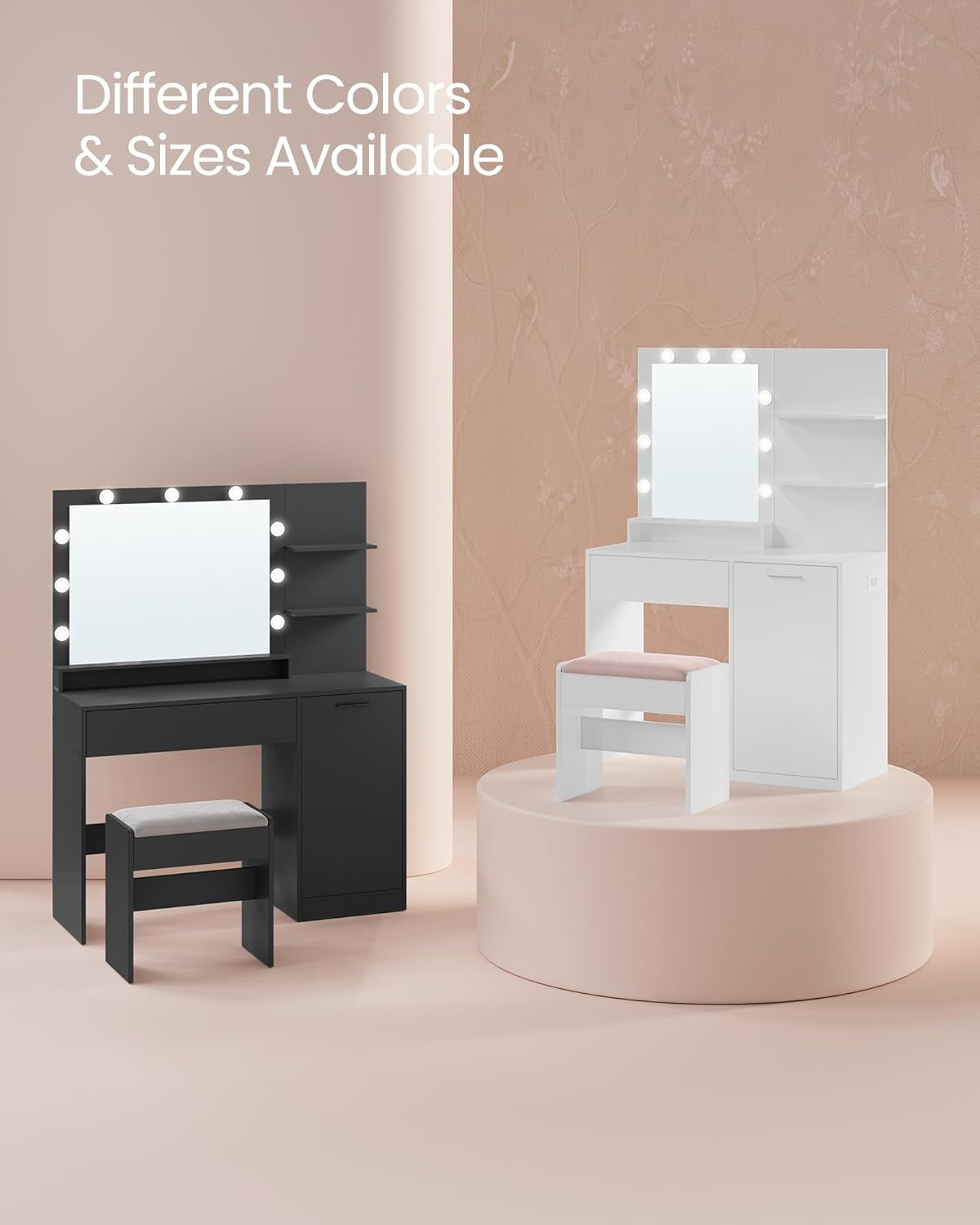 Vanity Desk with Mirror and Lights, Power Outlets, Vanity Table Set with Stool, Drawers, 35.4-Inch Wide Makeup Vanity, Jewelry Storage, Adjustable Shelves, for Bedroom, Cloud White URDT132W02