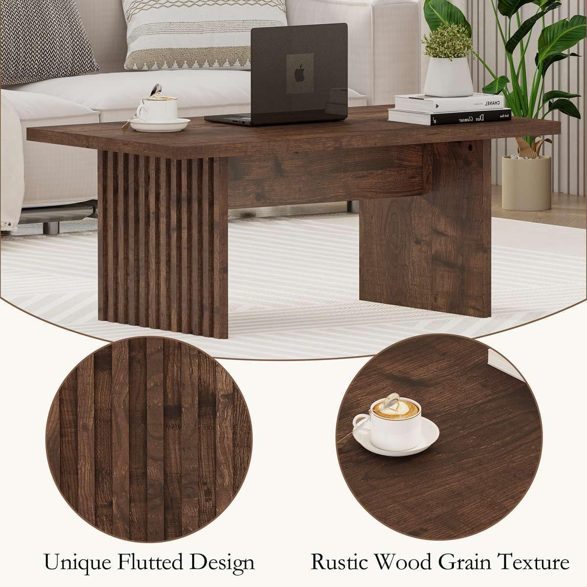 47 Inch Coffee Table, Fluted Side Panels Coffee Tables for Living Room, Large Wooden Tabletop Center Table, Farmhouse Living Room Tables for Lounge, Office, Rustic Oak