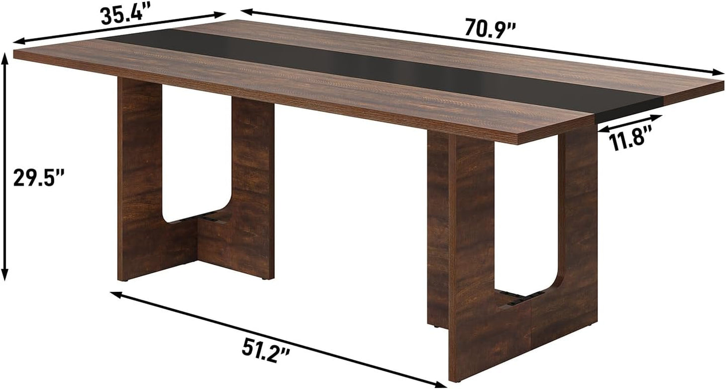 71 Inch Rectangular Dining Table for 6-8 People, Farmhouse Wood Kitchen Table with Wooden Legs, Farmhouse Center Kitchen Table for Dining Room, Kitchen & Living Room, Brown