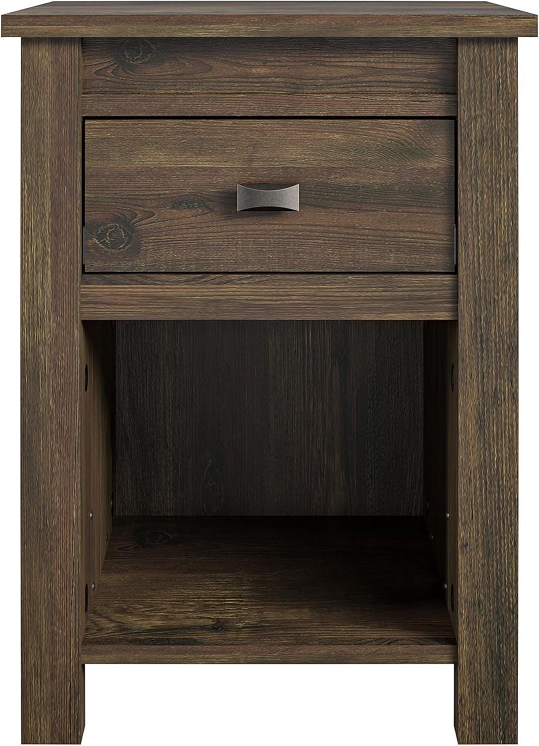 Farmington Country Style Nightstand with Barn Door Design, Concealed Drawer and Open Cubby, Textured Weathered Medium Brown Finish