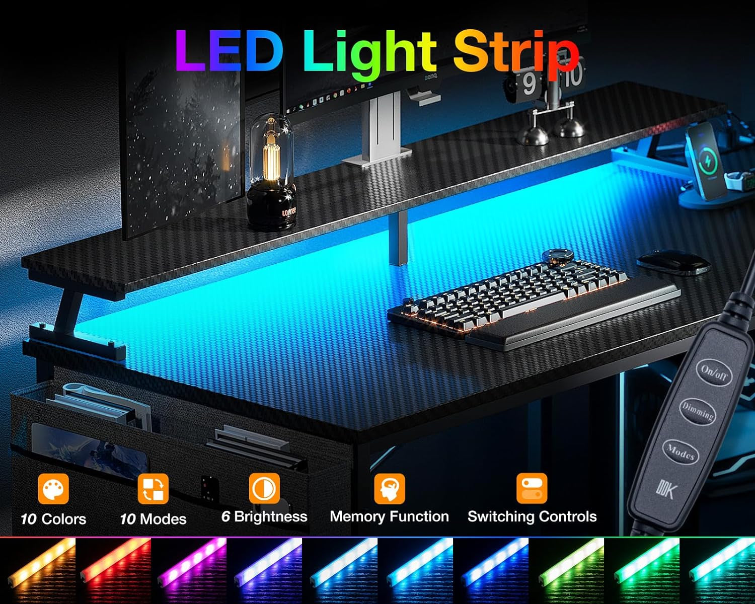 48 Inch Gaming Desk with USB Charging Ports and LED Lights, Reversible L Shaped Computer Desk with Storage Shelves & Monitor Stand, Corner Gamer Desk Table with Power Outlets, Black