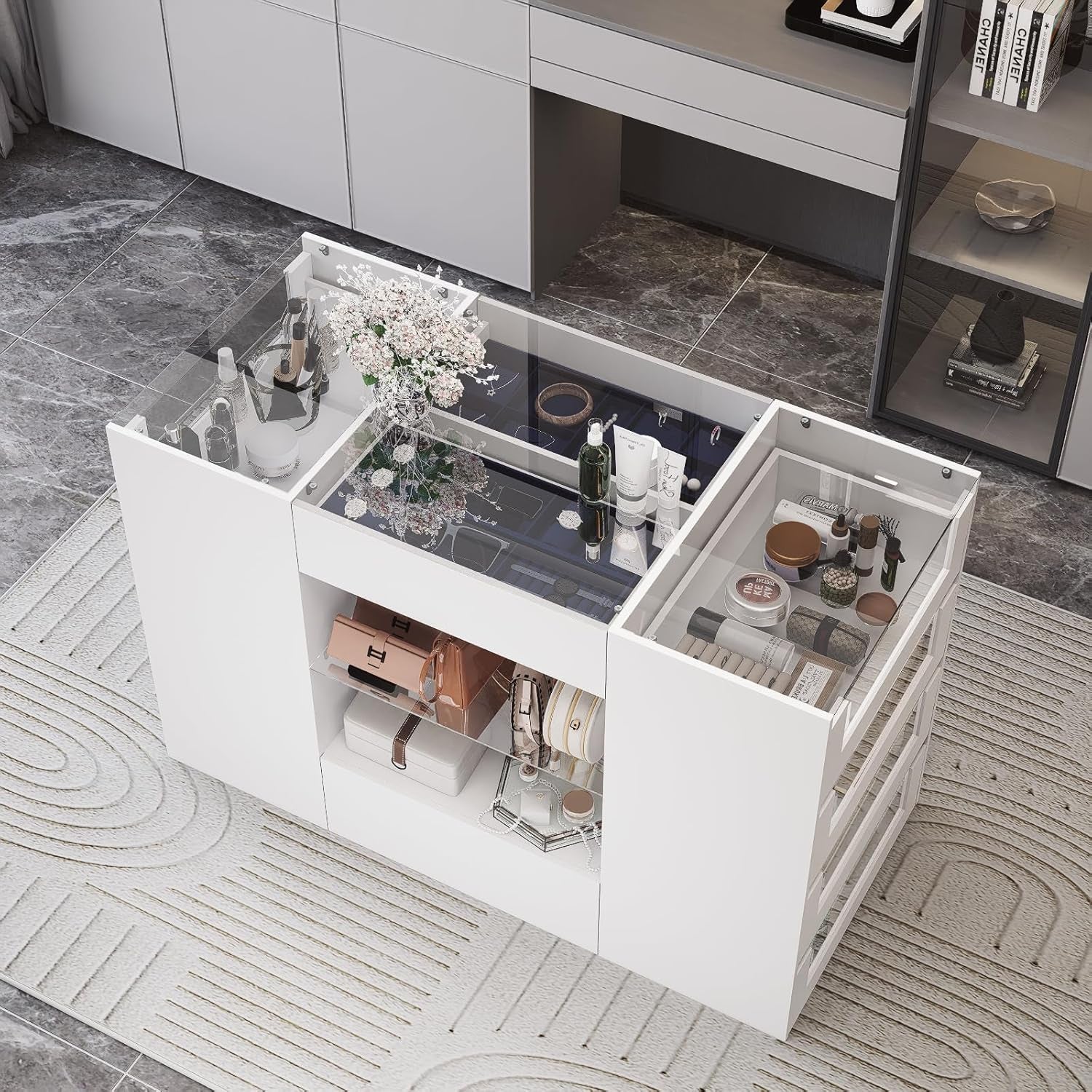 Closet Island with Drawers, Wardrobe Armoire Bedroom Island, Glass Display Shelf & 12 Drawers, White Dresser with Glass Top, Walk-In Closet Island for Bedroom, Cloakroom