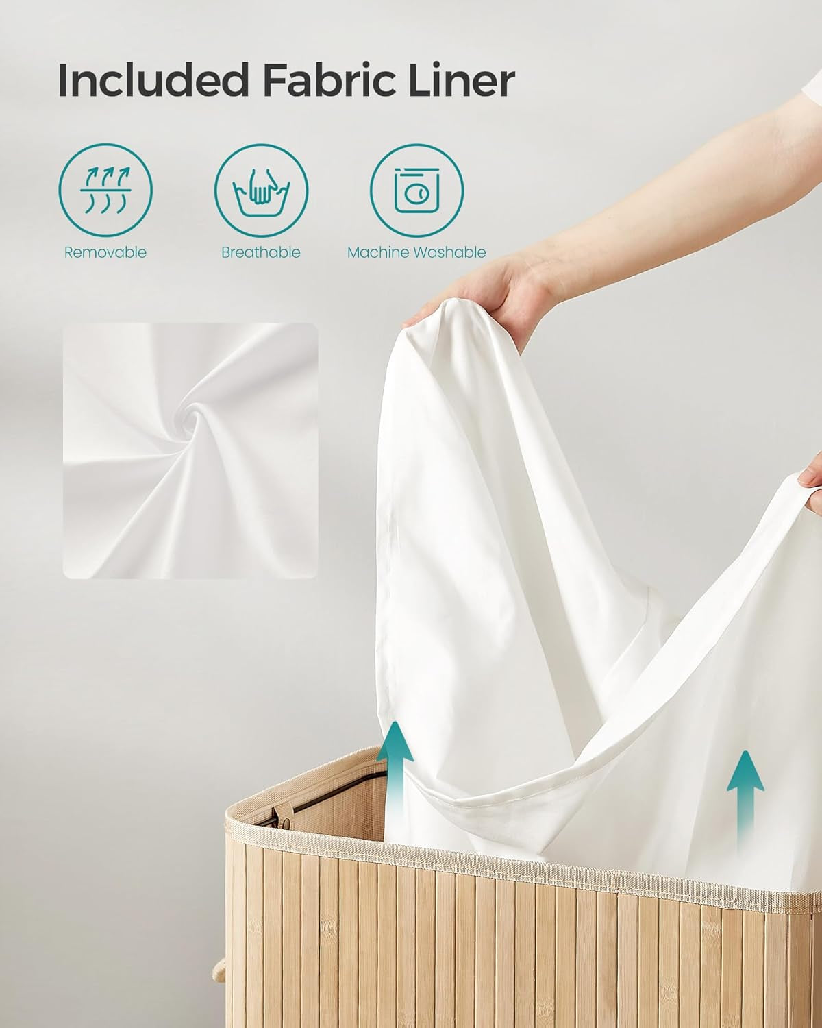 Laundry Hamper with Lid, Bamboo Laundry Basket, Removable Machine Washable Laundry Basket, with Handles, 26.4-Gallons, for Laundry Room, Bedroom, Bathroom, Natural Beige ULCB063N01