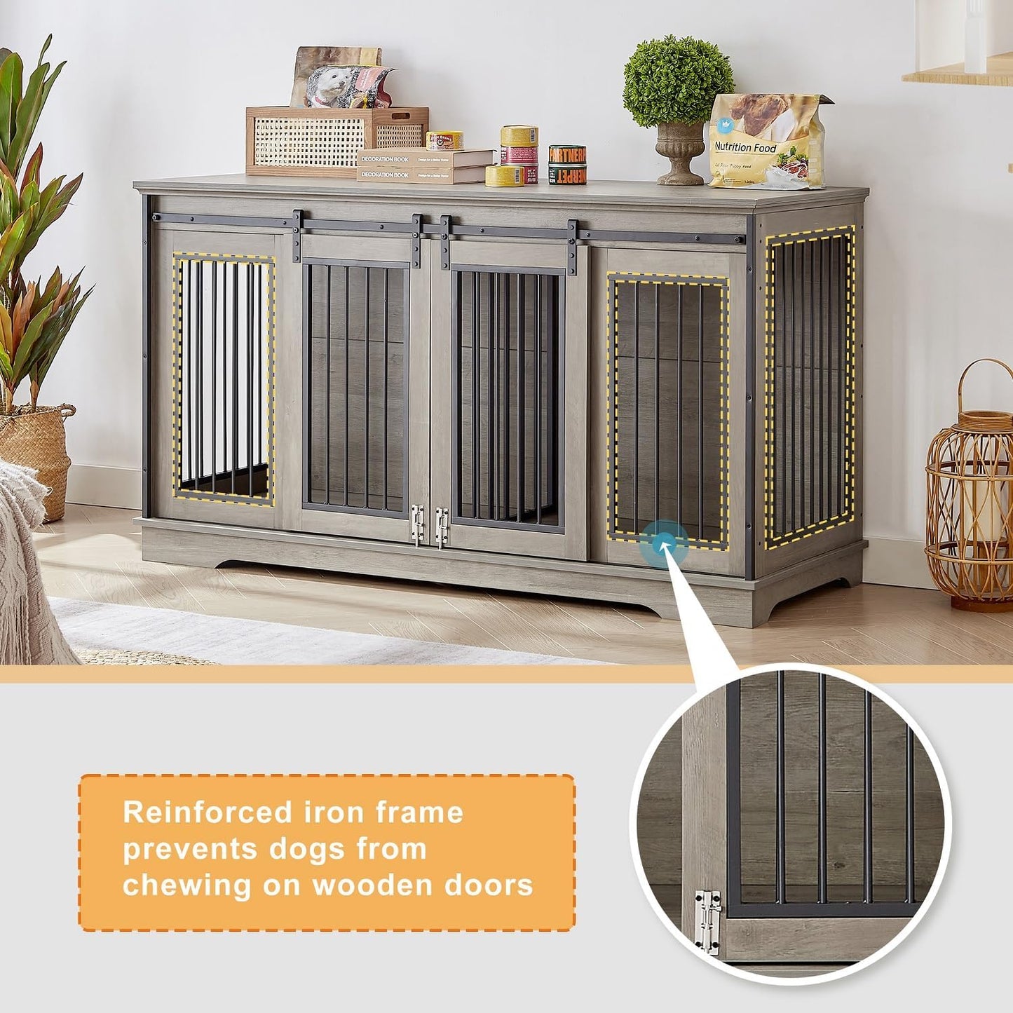 Large Wooden Dog Crate Furniture with Sliding Barn Door, 60.6" Indoor Kennel with Divider, TV Stand XXL for Large Dog or 2 Medium Dogs