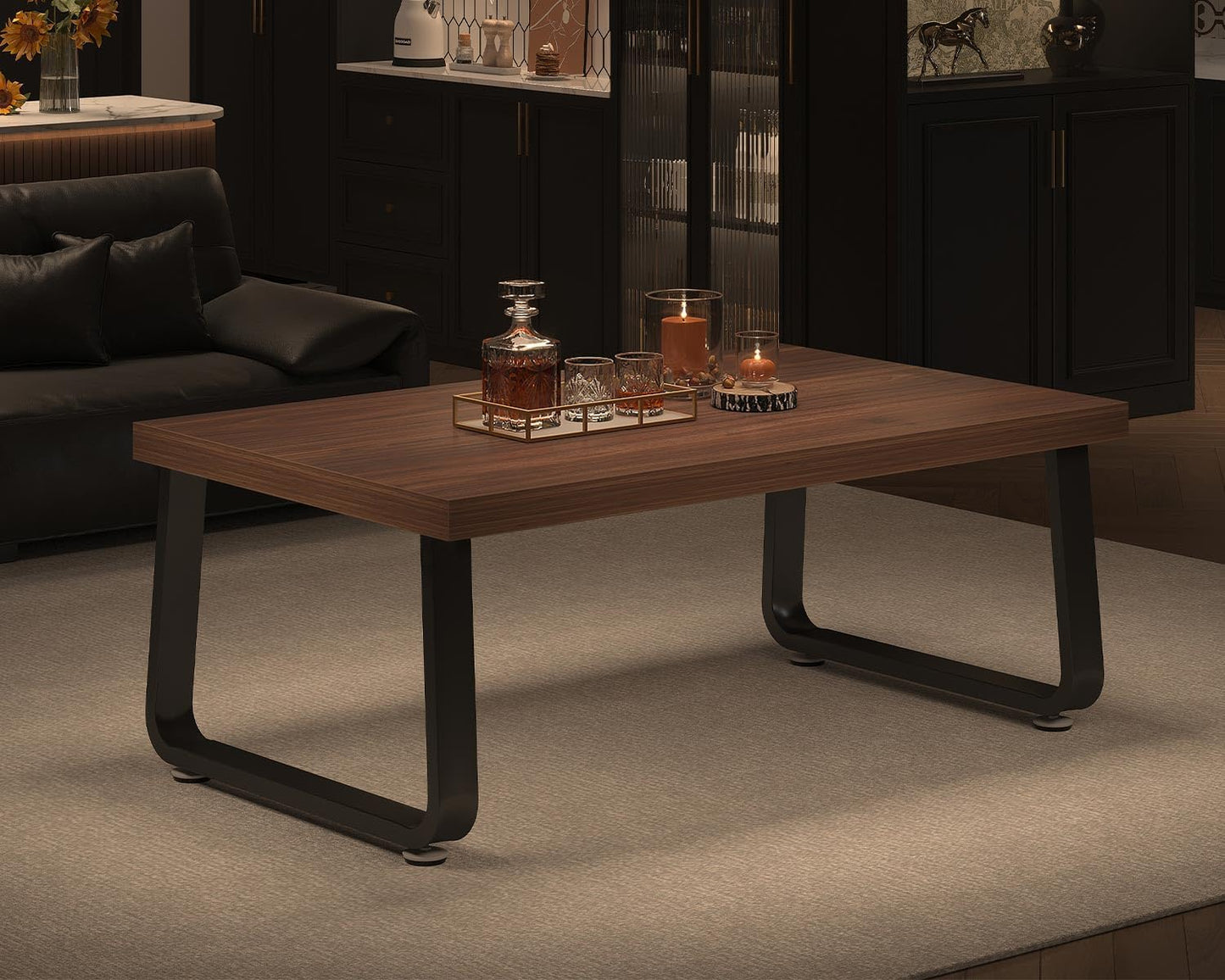 Rustic Walnut Coffee Table, 39” Mid Century Modern Center Table, Rectangle Industrial Living Room Coffee Table, Simple Farmhouse Wood and Metal Tea Coffee Tables for Home Bedroom, Walnut, 39 In