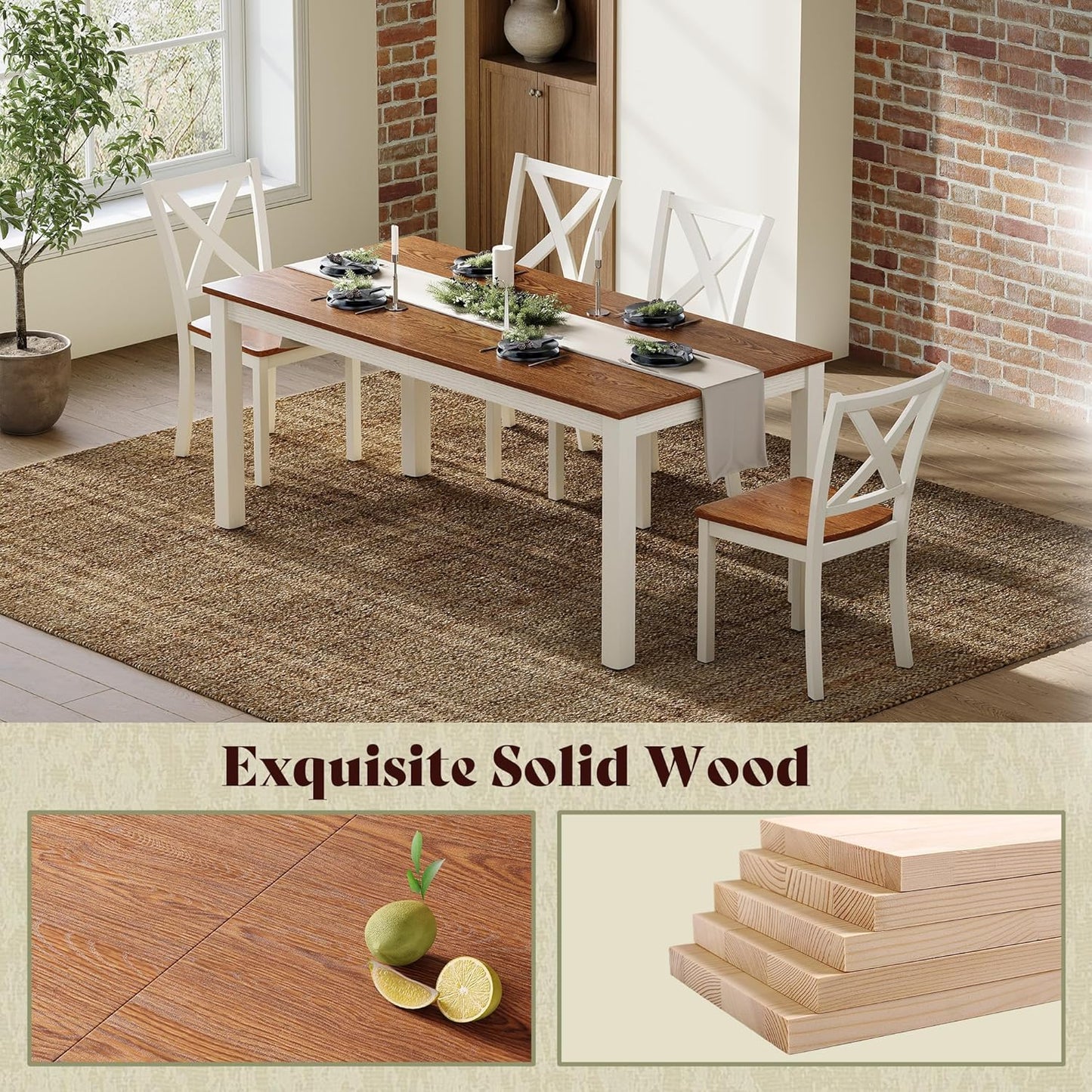 6-Piece Farmhouse Dining Table Set, 59" Wooden Table with 4 Chairs & Bench, Kitchen & Dining Room Set for 6, Space-Saving Rustic Dining Set, Walnut & Beige