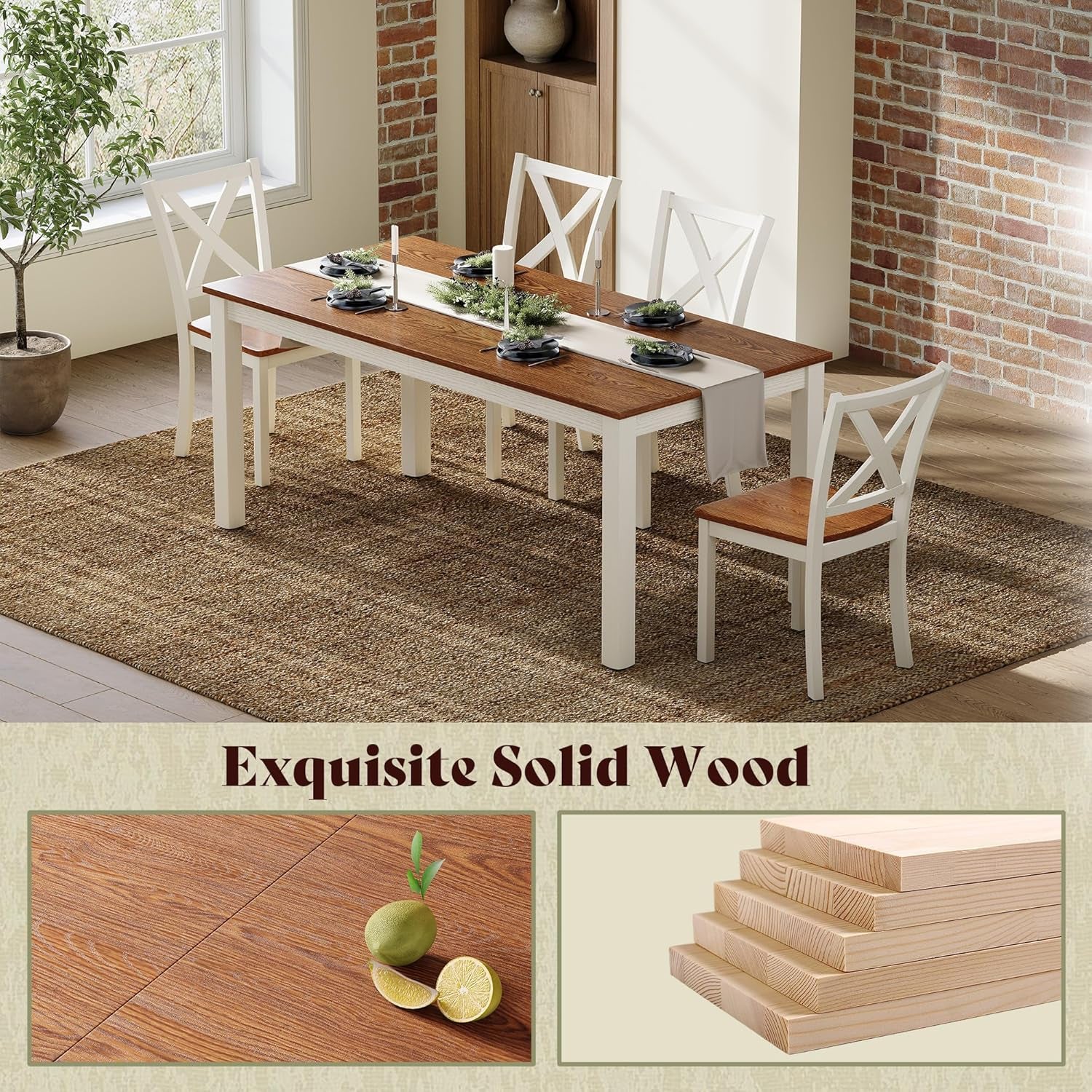 6-Piece Farmhouse Dining Table Set, 59" Wooden Table with 4 Chairs & Bench, Kitchen & Dining Room Set for 6, Space-Saving Rustic Dining Set, Walnut & Beige