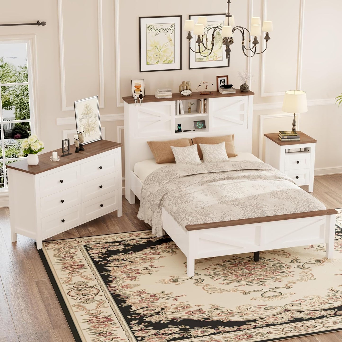3-Pieces Full Size Bedroom Sets Farmhouse Platform Bed with Double Sliding Door Storage Headboard, Storage Nightstand and Dresser, White