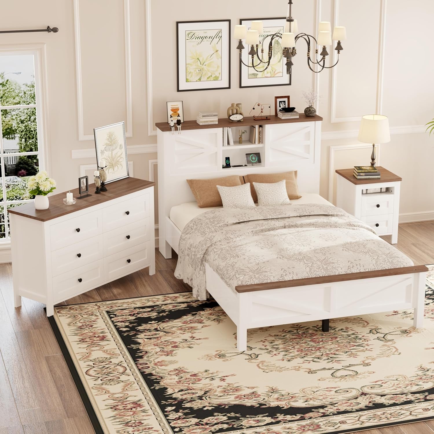 3-Pieces Full Size Bedroom Sets Farmhouse Platform Bed with Double Sliding Door Storage Headboard, Storage Nightstand and Dresser, White