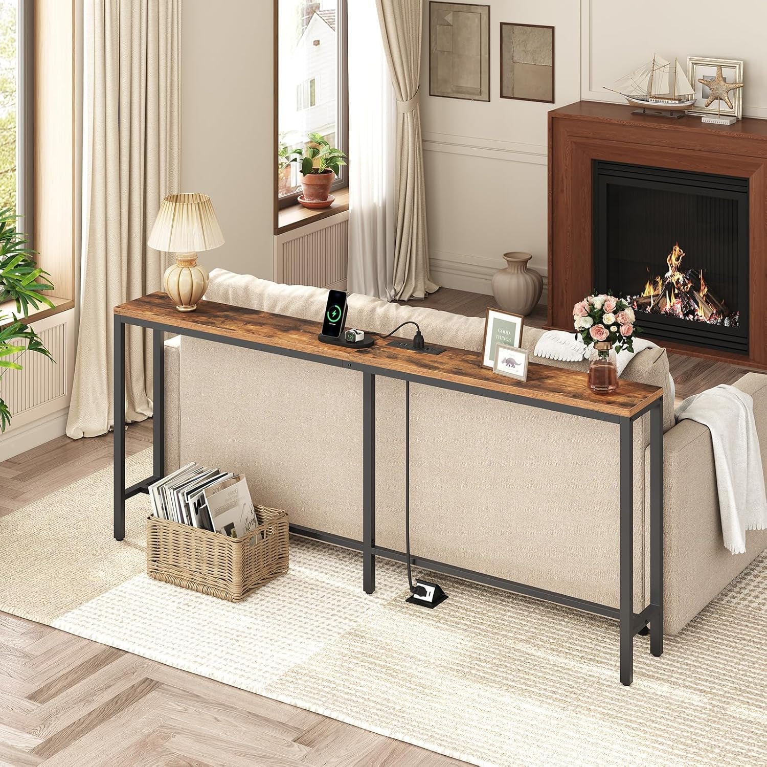 70.9'' Console Table with Power Outlet, Narrow Sofa Table with Charging Station, Skinny behind Couch Table for Entryway, Hallway, Foyer, Living Room, Rustic Brown CTHR18E01Z1