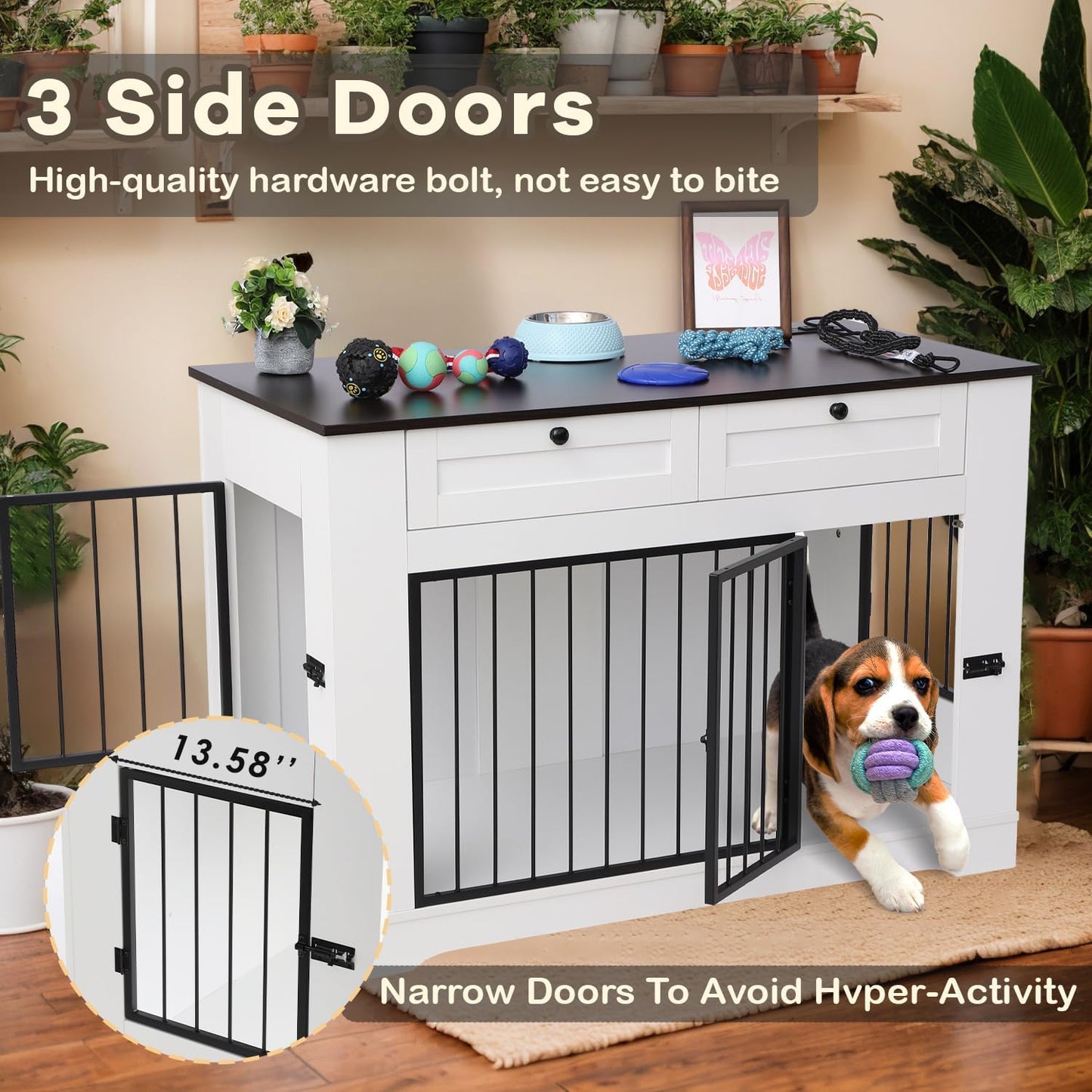 Dog Crate Furniture TV Stand with Charging Station-47.24"Heavy Duty Dog Kennel Furniture Tv Table with 2 Drawers Storage,Indoor TV Stand for Small Medium Dogs,For Bedroom Living Room (White, 1.2M)