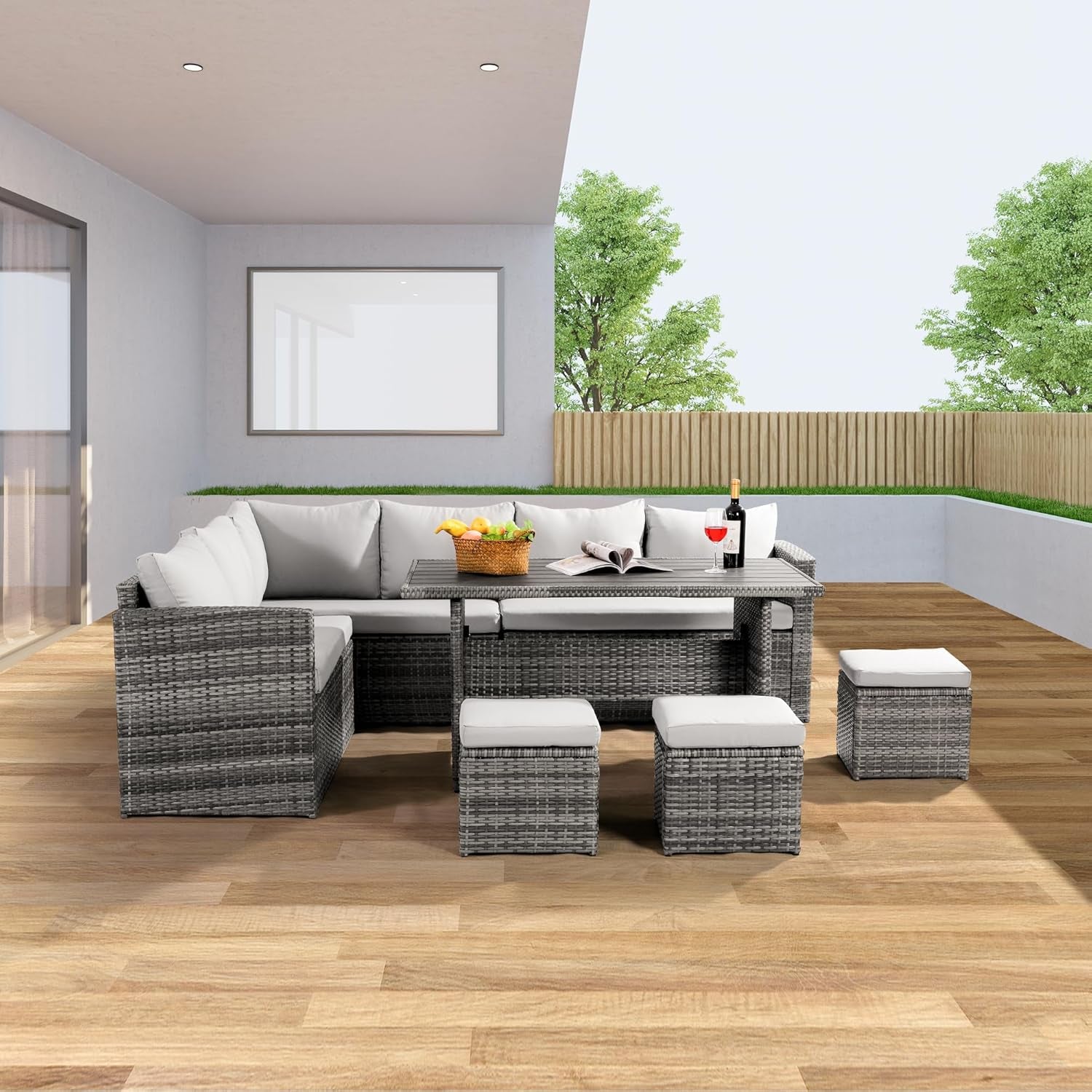 Patio Furniture Set, 7 Pieces Outdoor Patio Furniture with Dining Table&Chair, All Weather Wicker Conversation Set with Ottoman,Grey (Include Sofa Dust Cover)