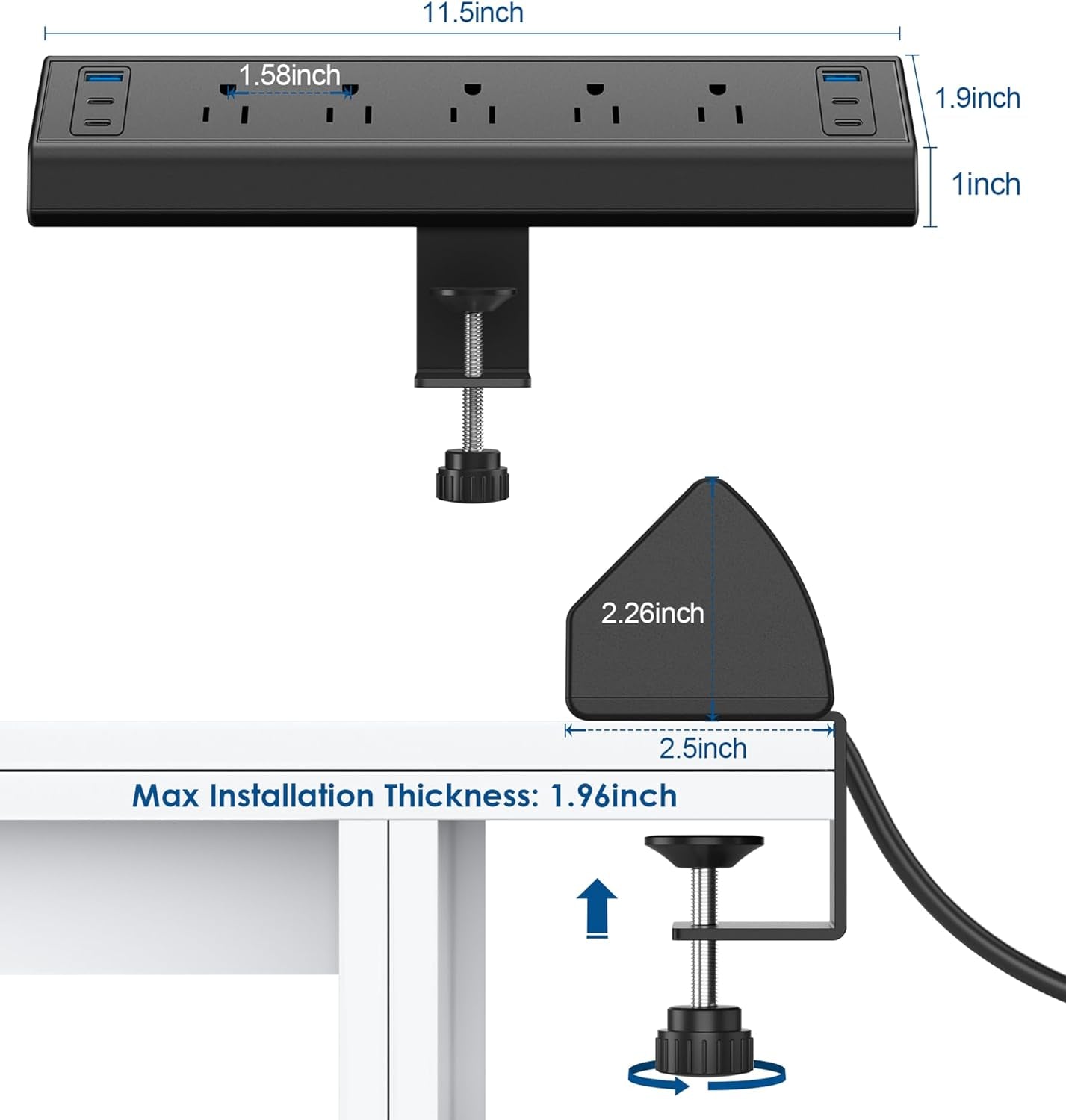 Desk Clamp Power Strip USB C,40W Total Fast Charging Station,4 PD 20W USB C Ports,Desk Edge Mount Surge Protector,5 Outlets,Fit 1.96" Tabletop Edge,Etl Listed