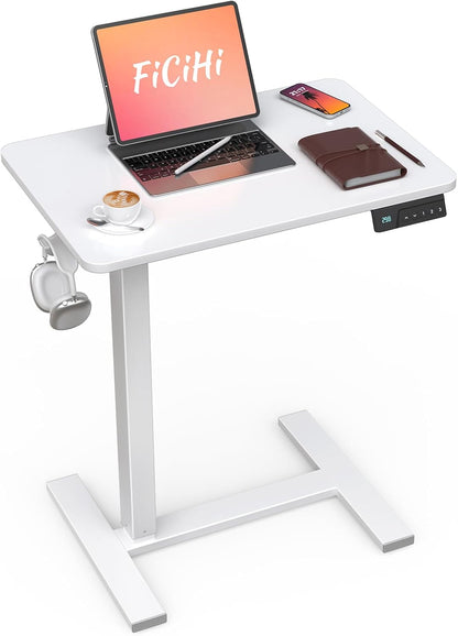 Small Electric Standing Desk - Adjustable Height Bedside Laptop Table with Wheels, Mobile, Portable Rolling Computer Workstation Sit Stand Table for Home Office, Sofa, Couch Use (24X16, White)