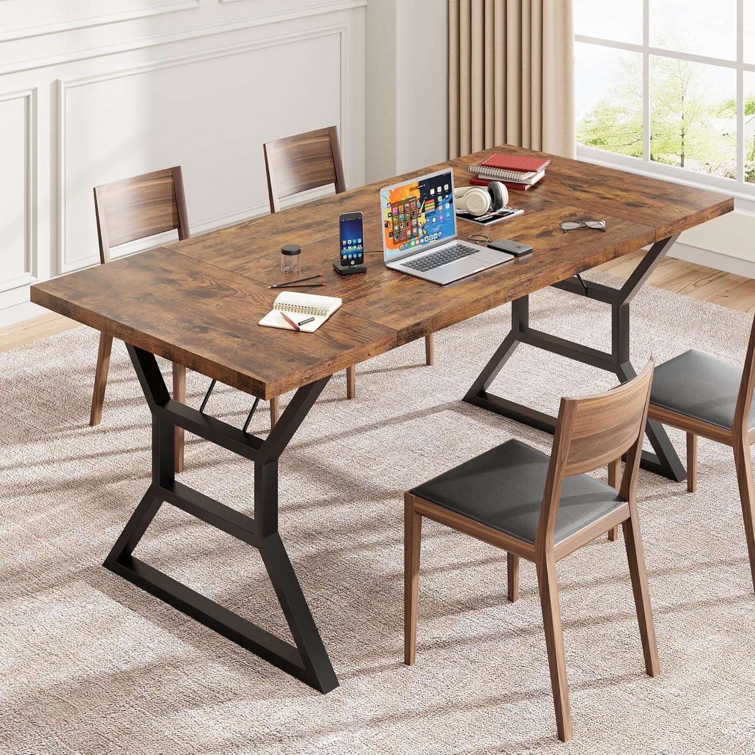 70.9" Large Dining Room Table for 6, Rectangular Kitchen Table with Heavy Duty Metal Legs, Farmhouse Wooden Dining Table for Big Family (Brown)