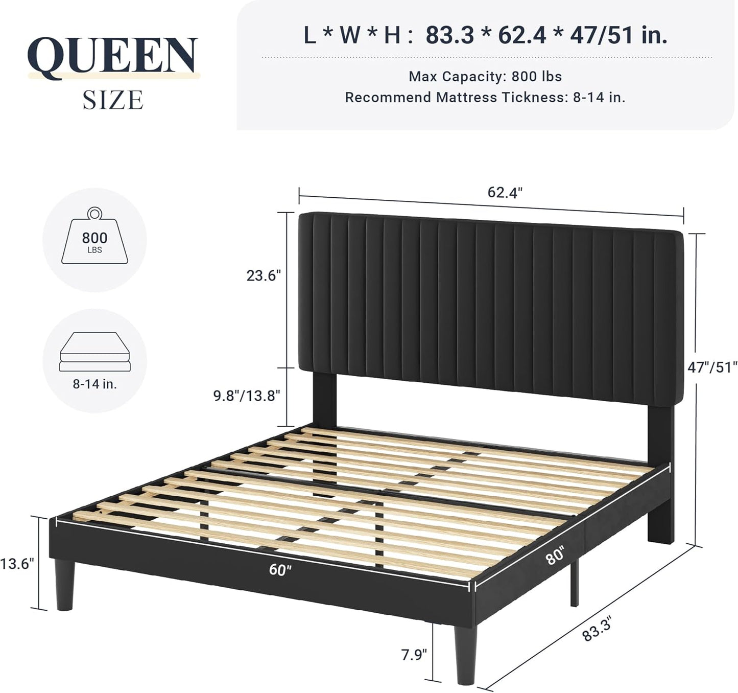Queen Bed Frame, Velvet Upholstered Platform Bed with Vertical Channel Tufted Headboard, Mattress Foundation with Strong Wooden Slats, Box Spring Optional, Easy Assembly, Black