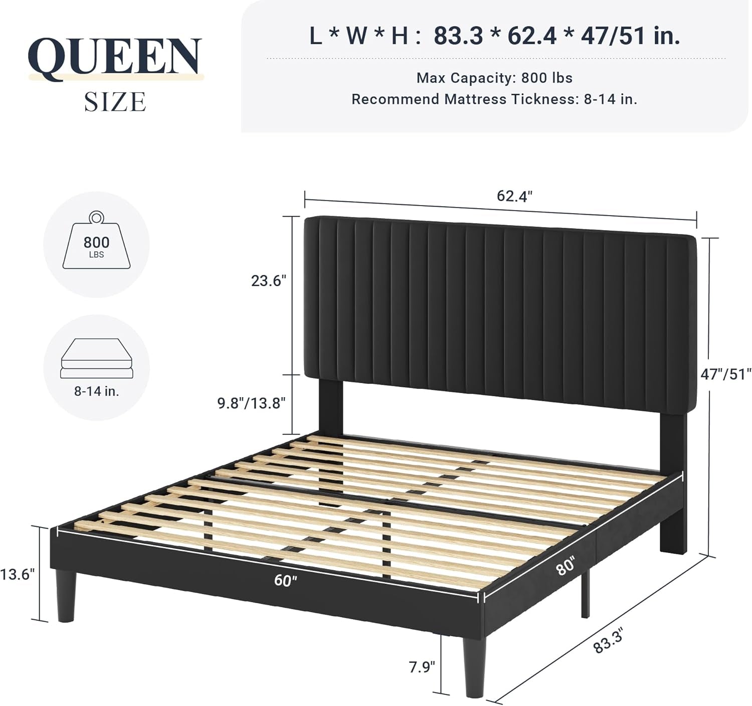 Queen Bed Frame, Velvet Upholstered Platform Bed with Vertical Channel Tufted Headboard, Mattress Foundation with Strong Wooden Slats, Box Spring Optional, Easy Assembly, Black