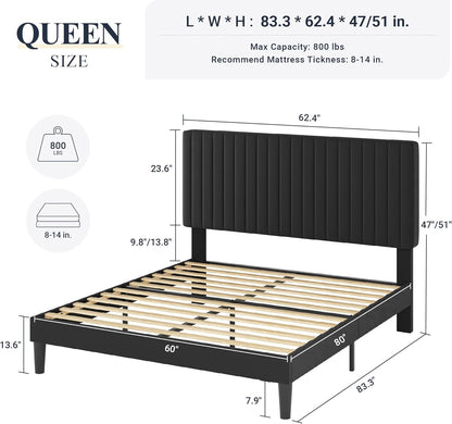 Queen Bed Frame, Velvet Upholstered Platform Bed with Vertical Channel Tufted Headboard, Mattress Foundation with Strong Wooden Slats, Box Spring Optional, Easy Assembly, Black