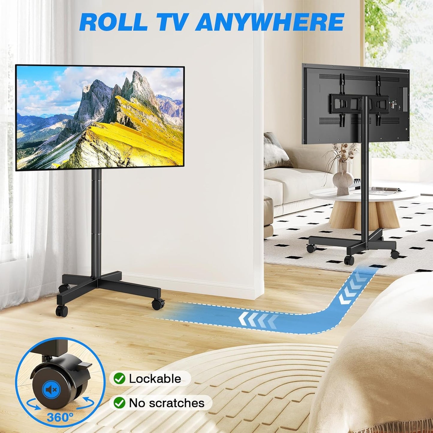 Mobile TV Cart Rolling TV Stand for 23-65 Inch Screens, Portable TV Stand on Wheels with Tilt and Height Adjustable, Outdoor TV Mount Stand Holds up to 88 Lbs for Home Office MAX VESA 400X400Mm