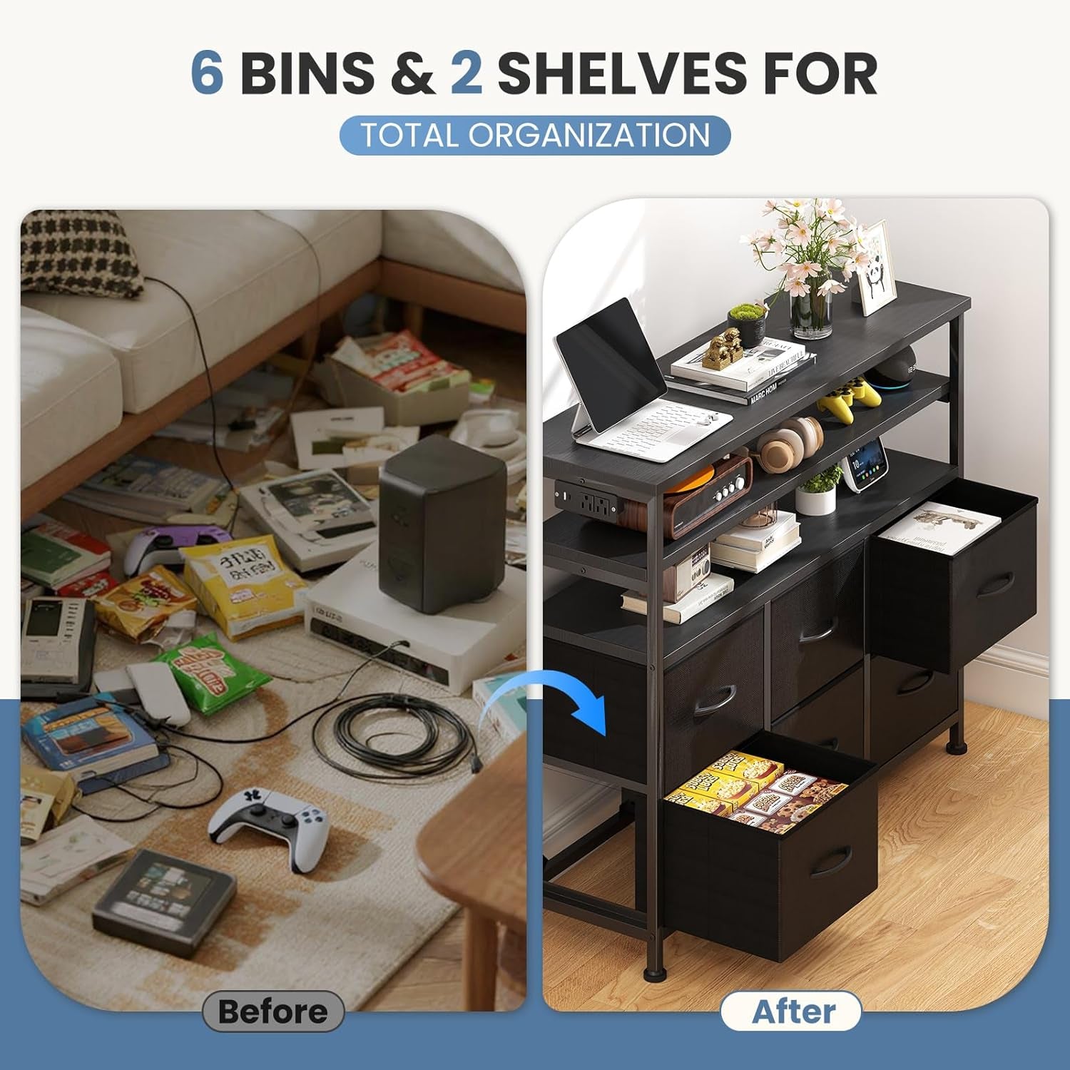 TV Stand for up to 45 Inch TV, Wood Top TV Media Console Table with 6 Fabric Drawers, 2 Shelves, Entertainment Center with LED Lights & Charging Station for Living Room, Hallway, Black