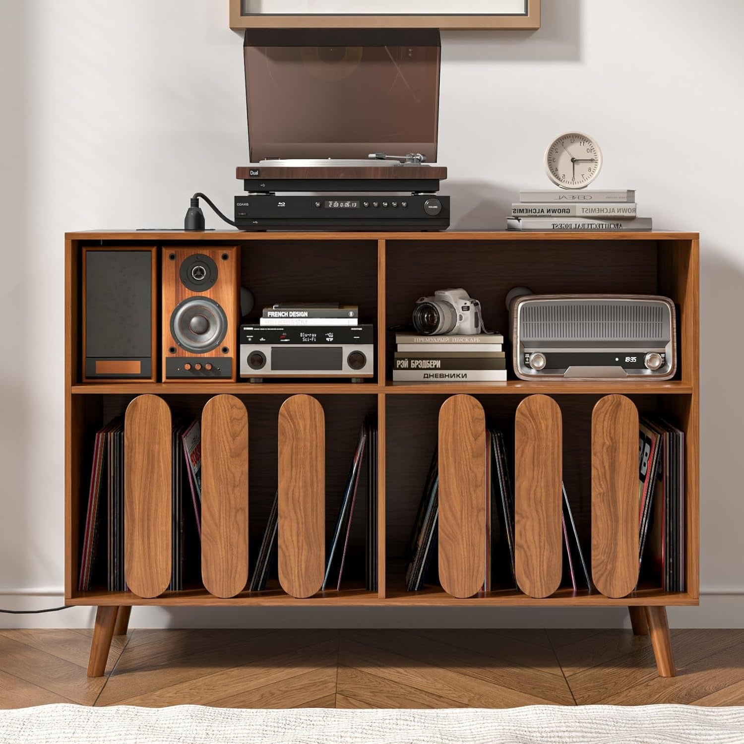 Large Record Player Stand, Vinyl Record Storage Holder, Record Player Table with Power Outlet, Turntable Stand with Wood Legs for Living Room, Office (Walnut)