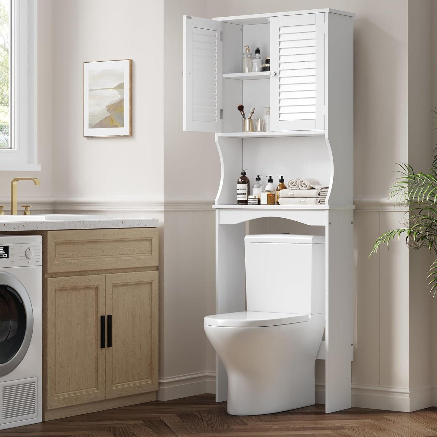 Over the Toilet Storage Cabinet, 3-Tier Freestanding Organizer, Bathroom Storage Cabinet Organize,Adjustable Shelves, Double Louvered Doors, Space-Saving Storage, White