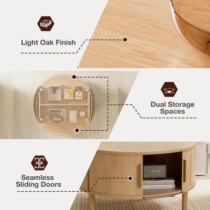 Coffee Table for Living Room, Modern round Coffee Table with Cabinets & Sliding Doors, Home Small Space, 29.9" Fluted Center Table, Natual