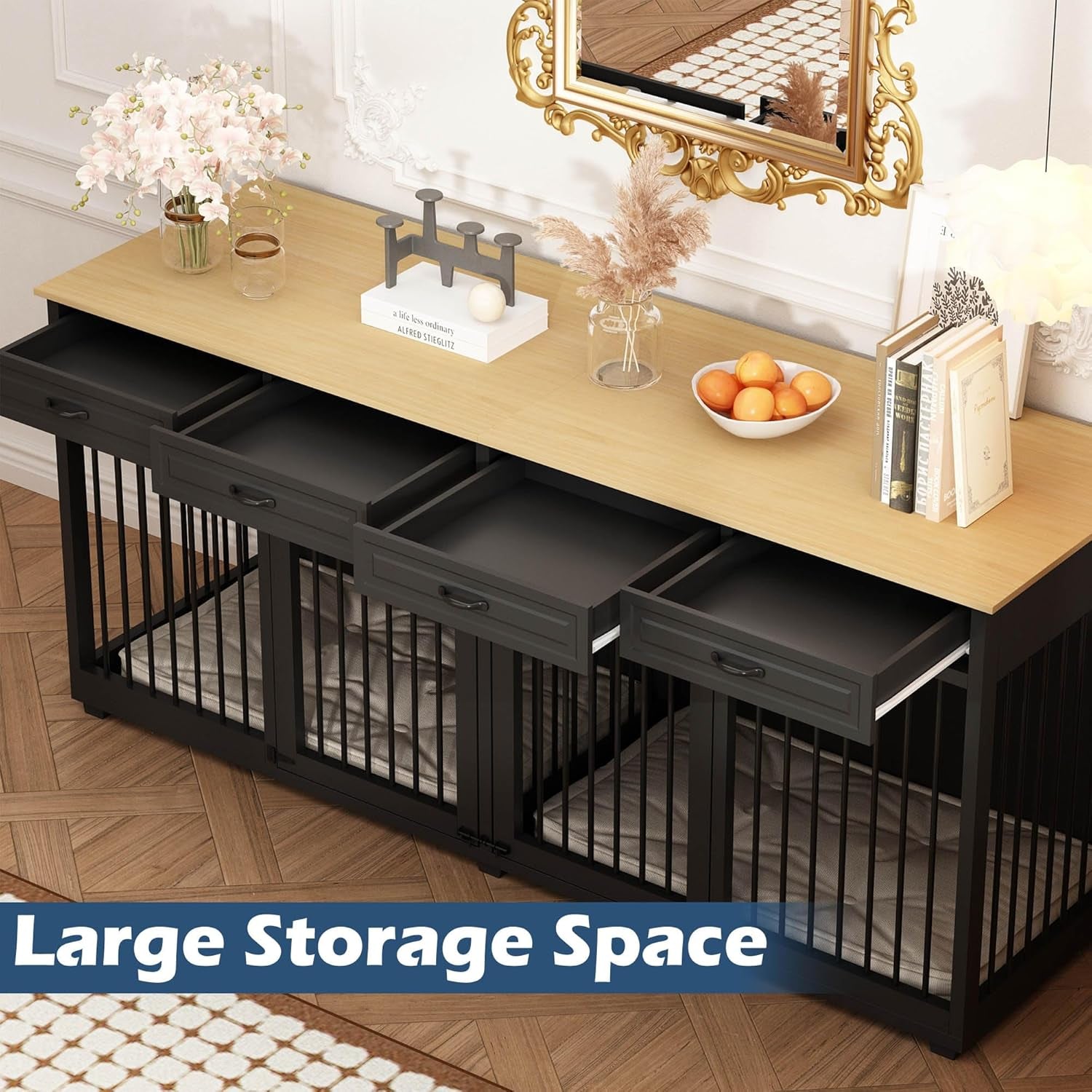 Large Dog Crate Furniture, 86.6 Inch Wooden Dog Kennel with Drawers & Divider, Heavy Duty Indoor Furniture Style Dog House with Double Rooms for Large Medium Small Dogs, Brown+Black