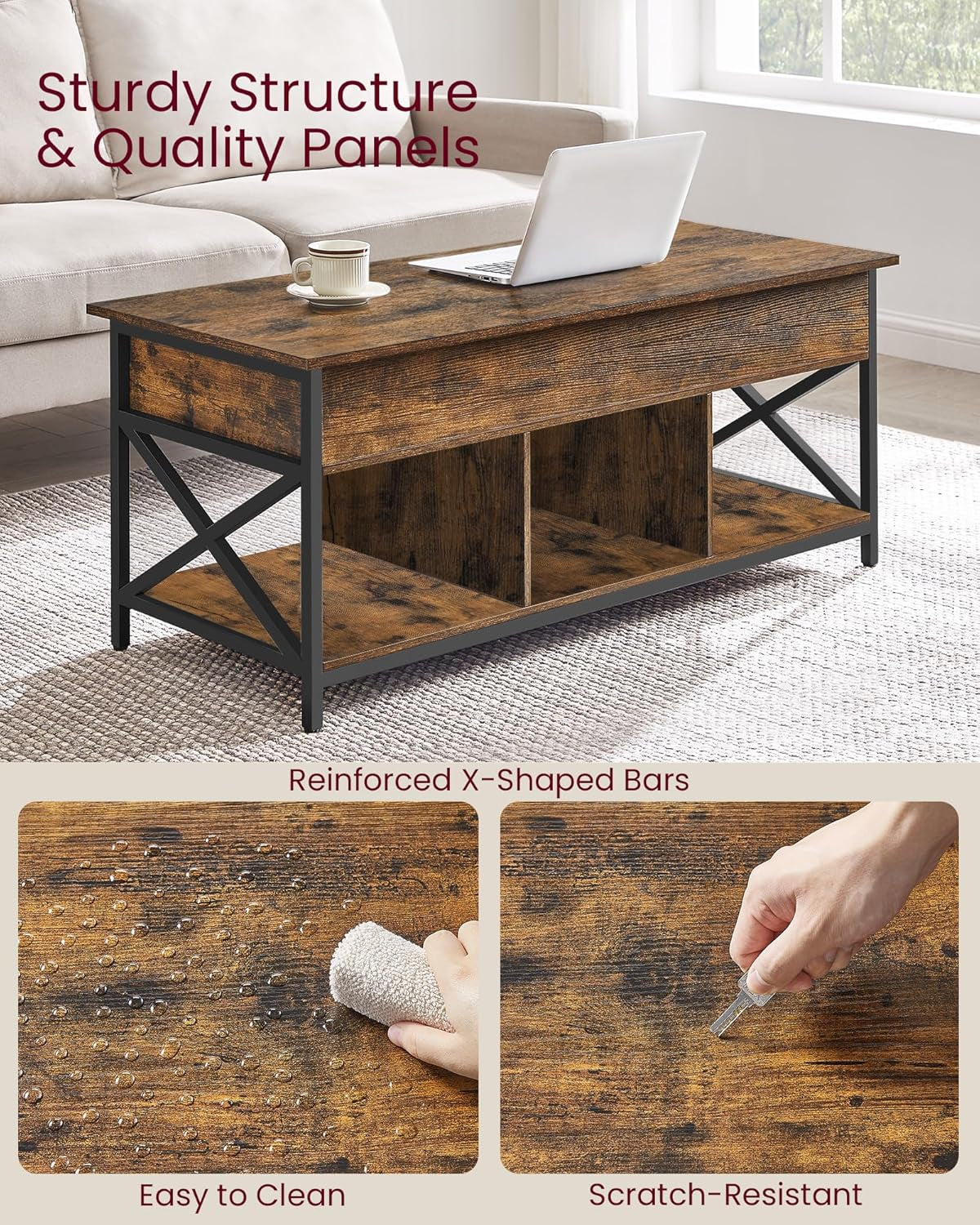 Lift Top Coffee Table, Lift Coffee Table with Storage Shelf, Hidden Compartments and Lifting Top, for Living Room, Office, 19.7 X 47.2 X (19.3-24.4) Inches, Rustic Brown and Black ULCT212B01