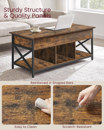 Lift Top Coffee Table, Lift Coffee Table with Storage Shelf, Hidden Compartments and Lifting Top, for Living Room, Office, 19.7 X 47.2 X (19.3-24.4) Inches, Rustic Brown and Black ULCT212B01