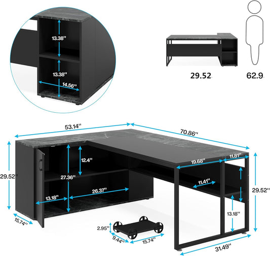 71 Inch Executive Desk, L Shaped Desk with Cabinet Storage, Executive Office Desk with Shelves, Business Furniture Set Workstation for Home Office, Black